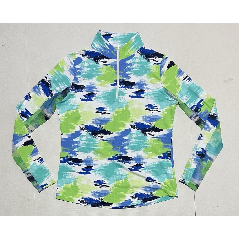 IBKUL Womens Small Blue Green Abstract Brushstroke 1/4 Zip Golf Top UPF50+ Camo